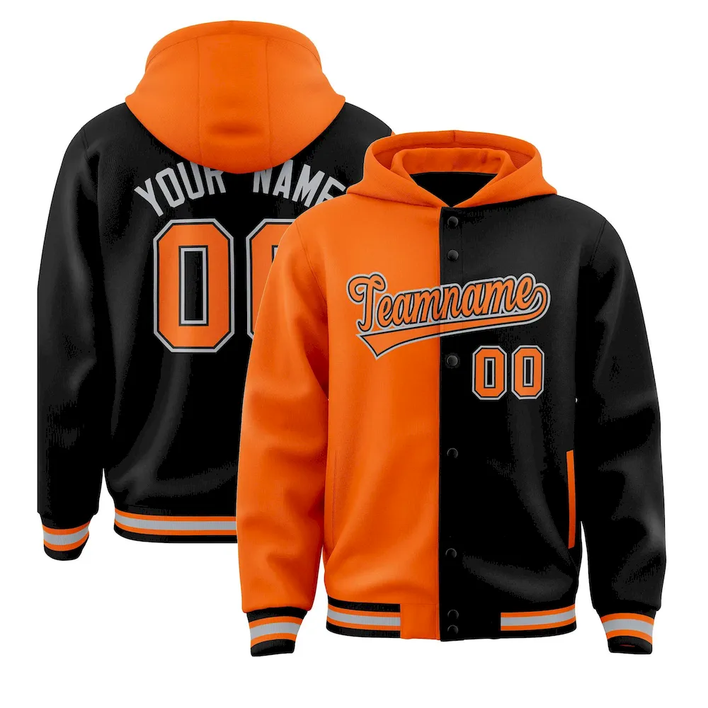 Custom Orange Black Split Fashion Varsity Full-Snap Letterman Two Tone Jacket Hoodie
