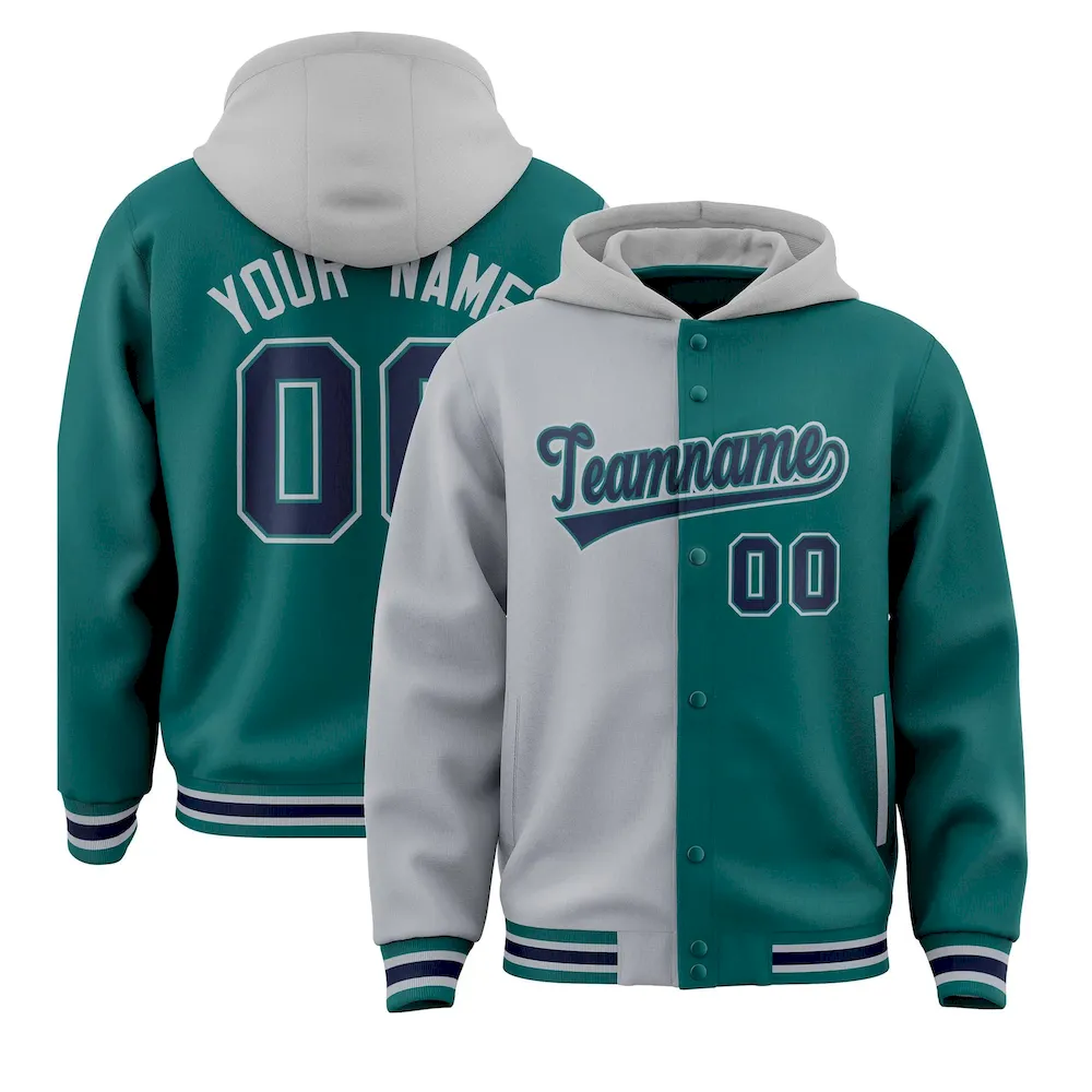Custom Gray Aqua Split Fashion Varsity Full-Snap Letterman Two Tone Jacket Hoodie