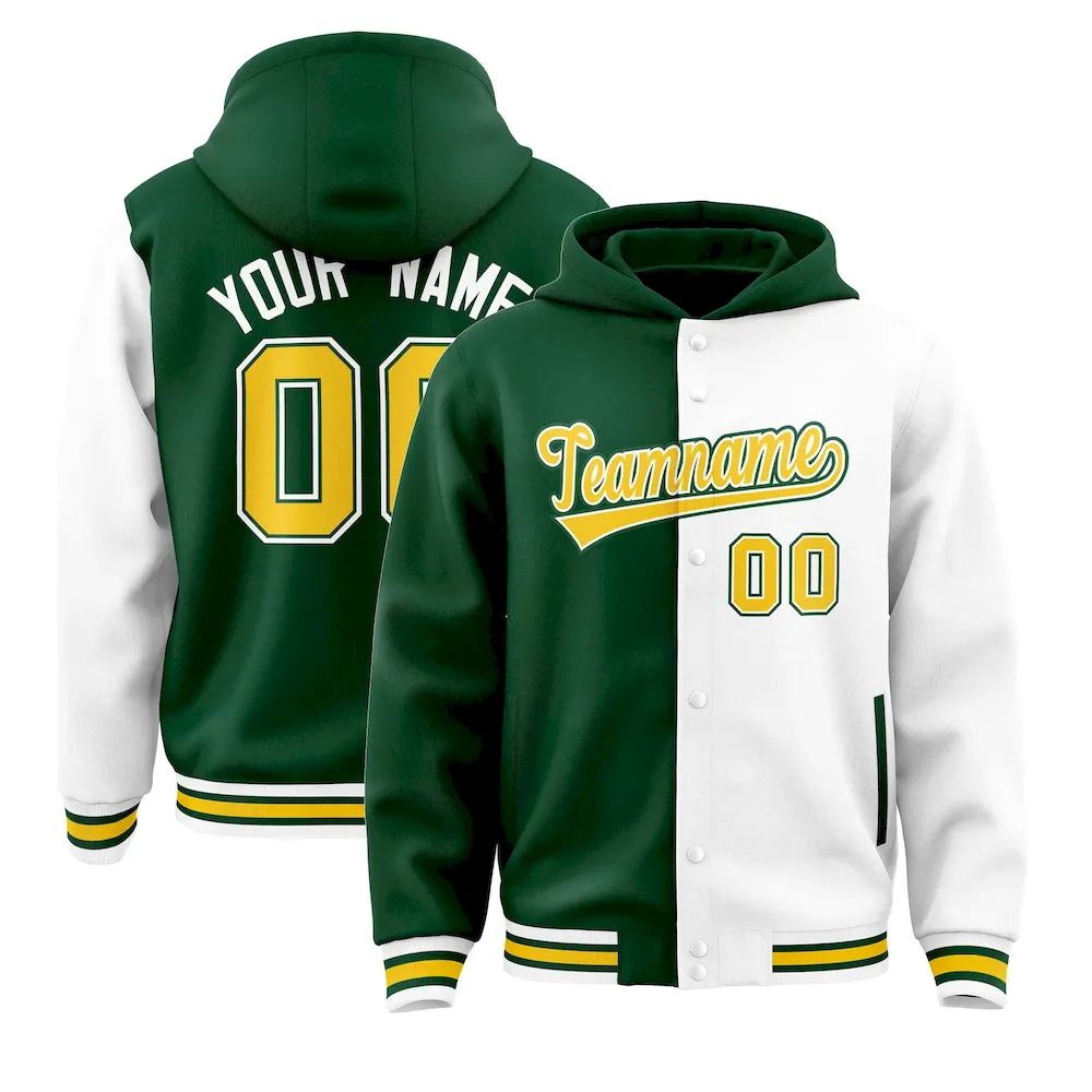 Custom Green White Split Fashion Varsity Full-Snap Letterman Two Tone Jacket Hoodie