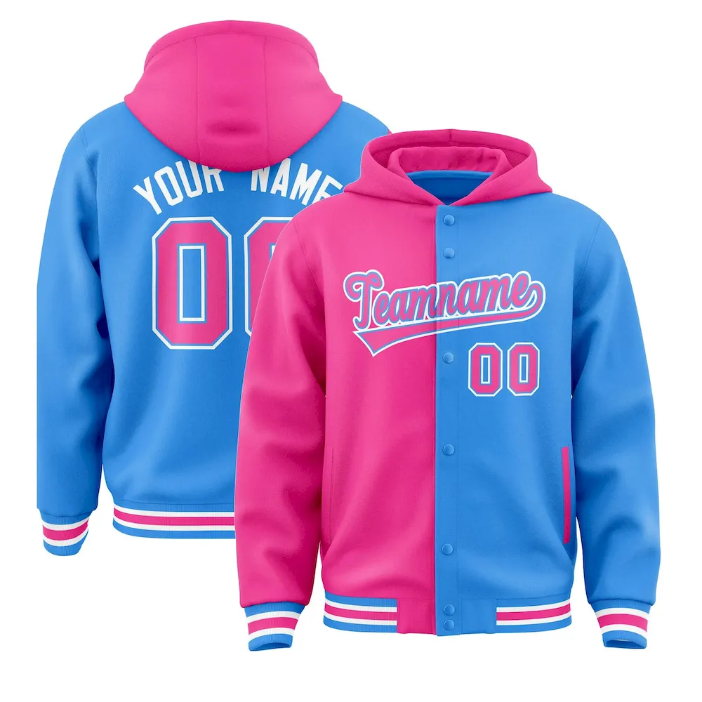 Custom Pink Powder Blue Split Fashion Varsity Full-Snap Letterman Two Tone Jacket Hoodie