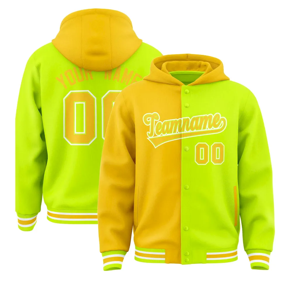 Custom Gold Neon Green Split Fashion Varsity Full-Snap Letterman Two Tone Jacket Hoodie