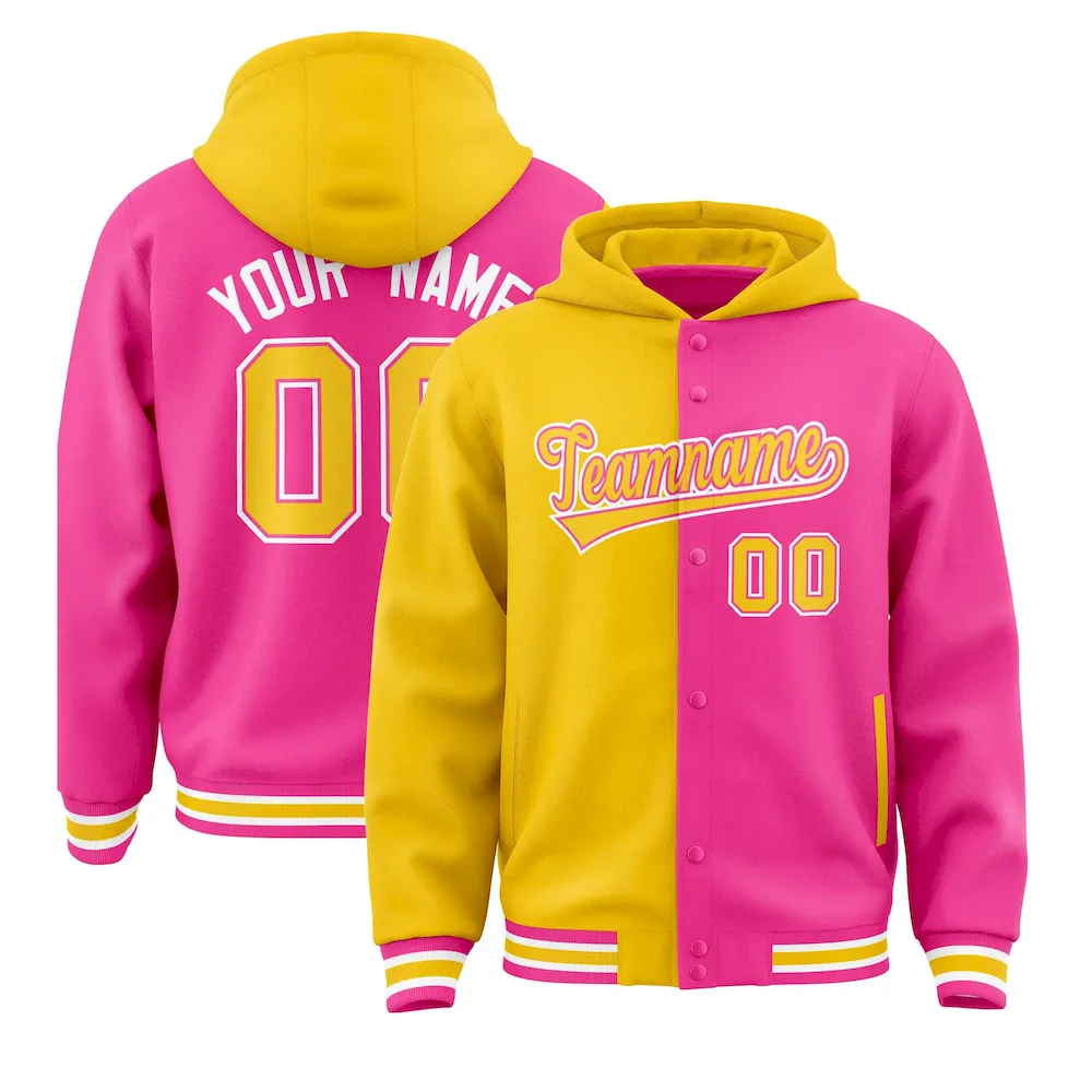 Custom Gold Pink Split Fashion Varsity Full-Snap Letterman Two Tone Jacket Hoodie