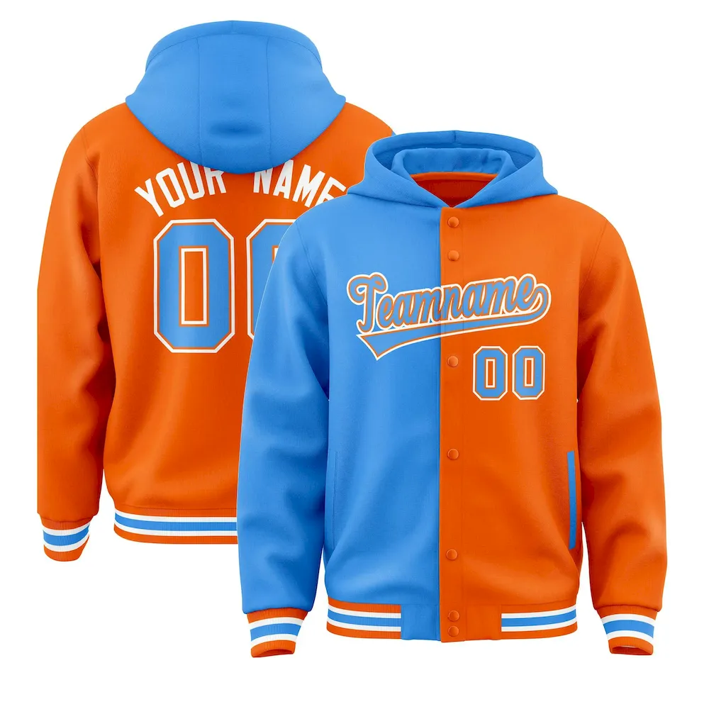 Custom Powder Blue Orange Split Fashion Varsity Full-Snap Letterman Two Tone Jacket Hoodie