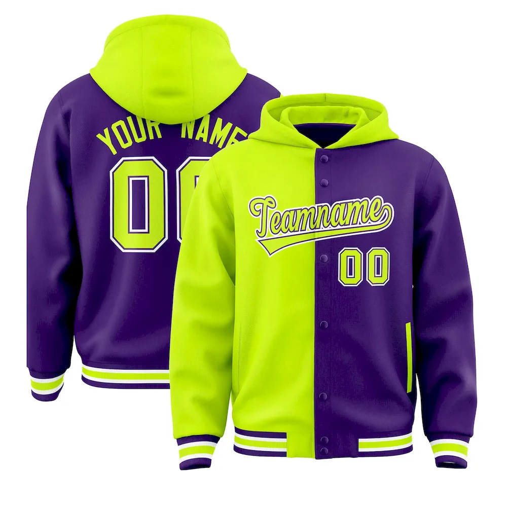 Custom Neon Green Purple Split Fashion Varsity Full-Snap Letterman Two Tone Jacket Hoodie