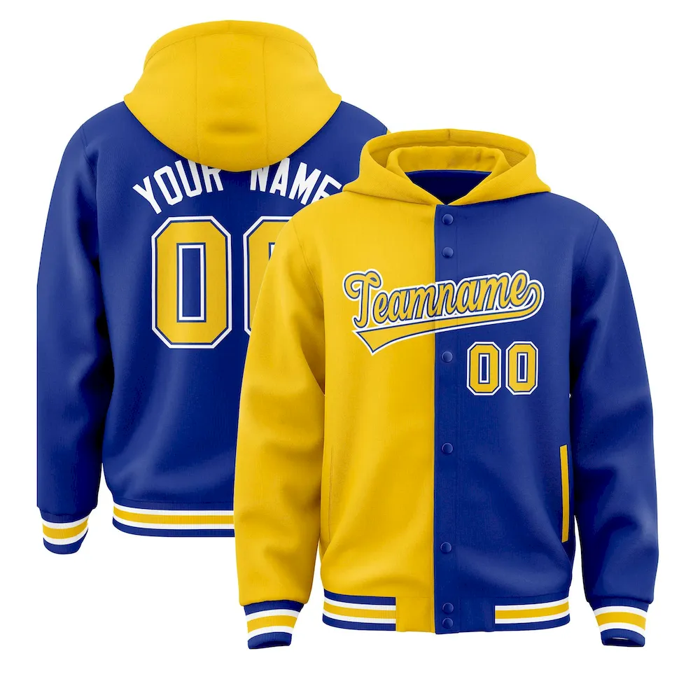 Custom Gold Royal Split Fashion Varsity Full-Snap Letterman Two Tone Jacket Hoodie