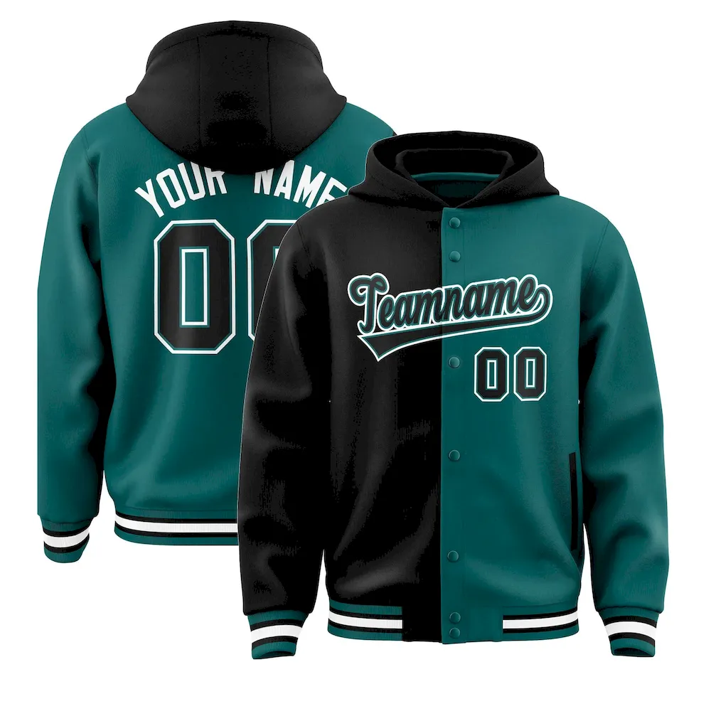 Custom Black Aqua Split Fashion Varsity Full-Snap Letterman Two Tone Jacket Hoodie