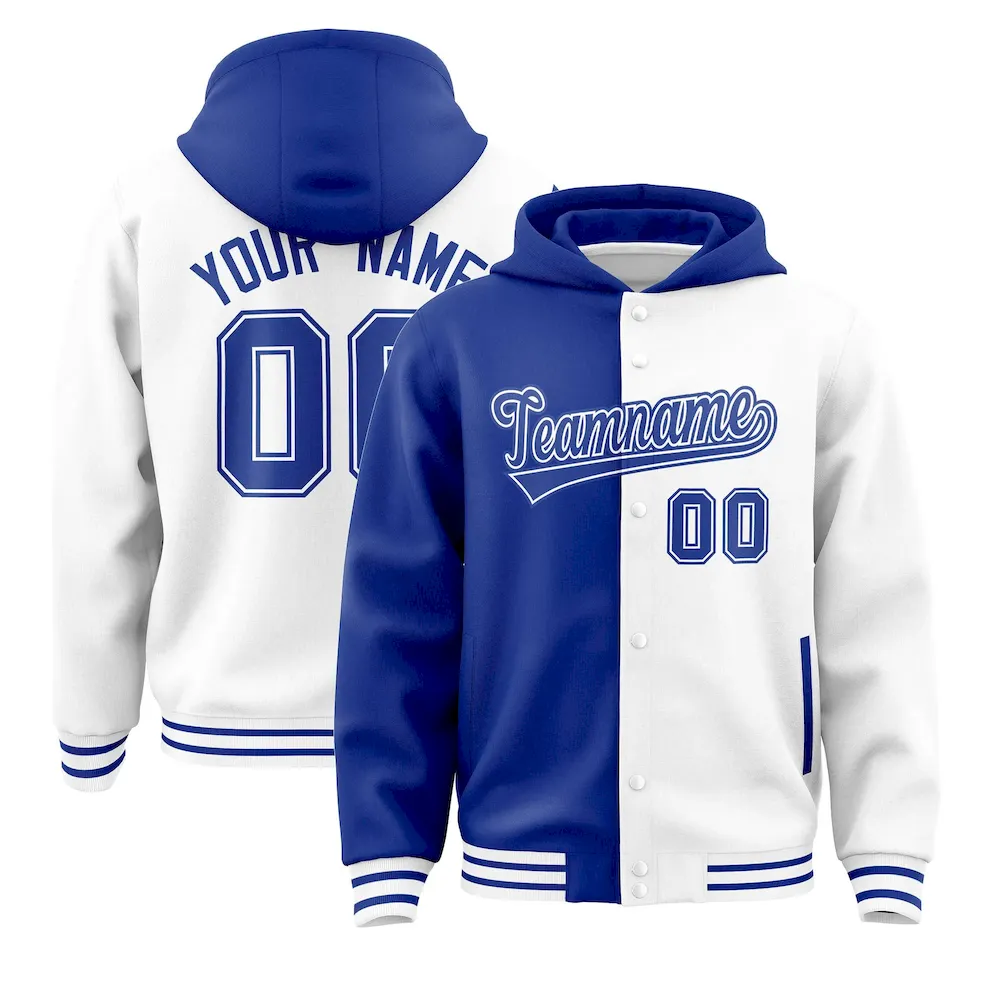 Custom Royal White Split Fashion Varsity Full-Snap Letterman Two Tone Jacket Hoodie