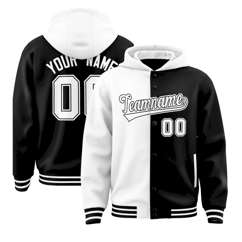Custom White Black Split Fashion Varsity Full-Snap Letterman Two Tone Jacket Hoodie