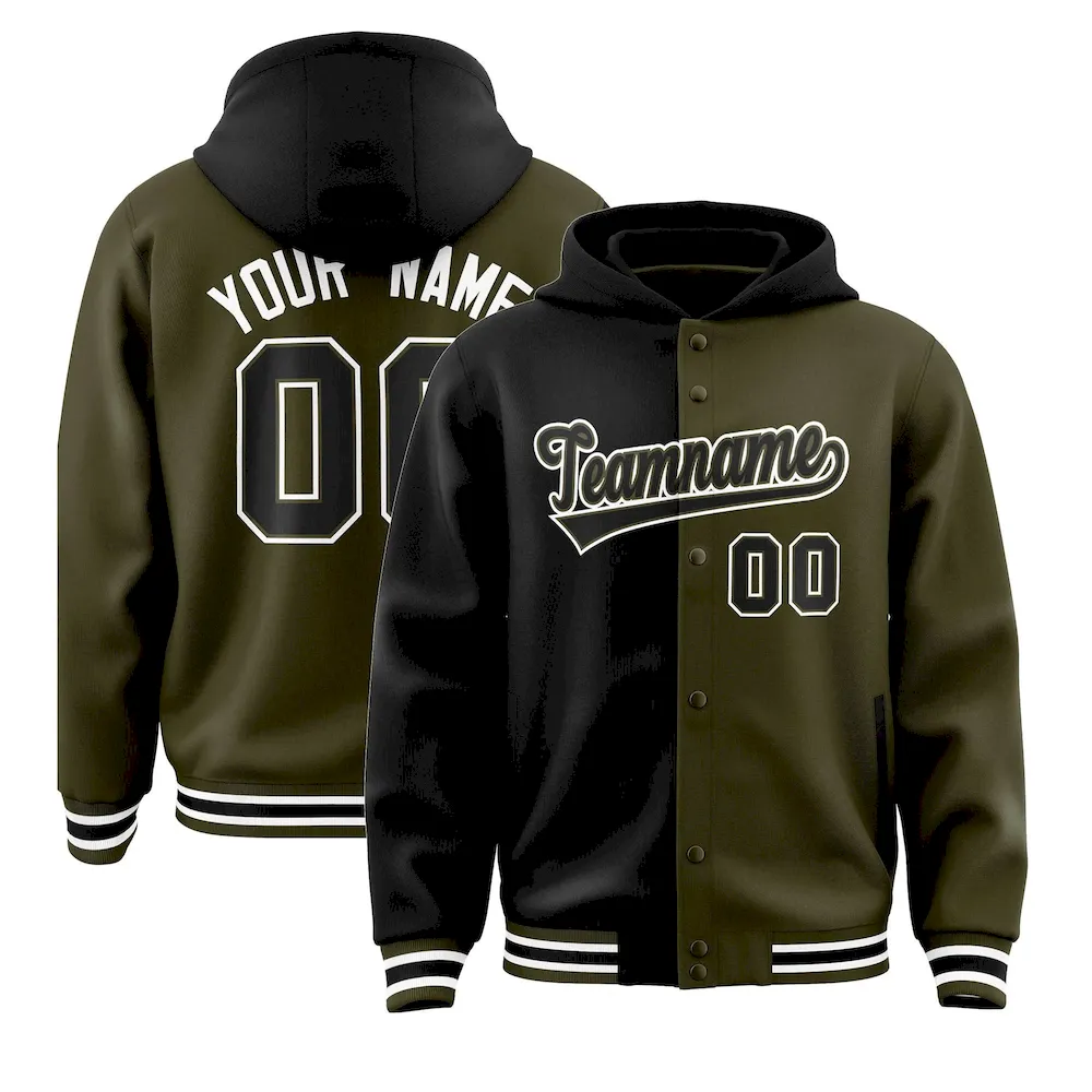 Custom Black Olive Split Fashion Varsity Full-Snap Letterman Two Tone Jacket Hoodie