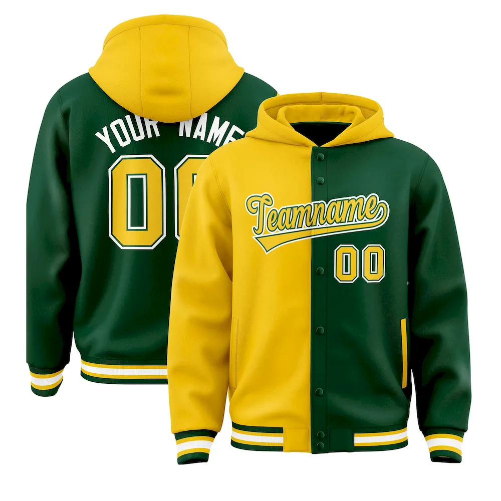 Custom Gold Green Split Fashion Varsity Full-Snap Letterman Two Tone Jacket Hoodie