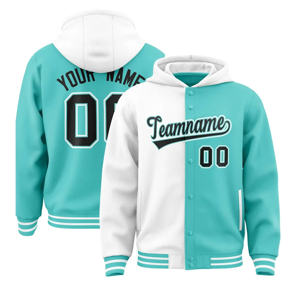 Custom White Bright Green Split Fashion Varsity Full-Snap Letterman Two Tone Jacket Hoodie
