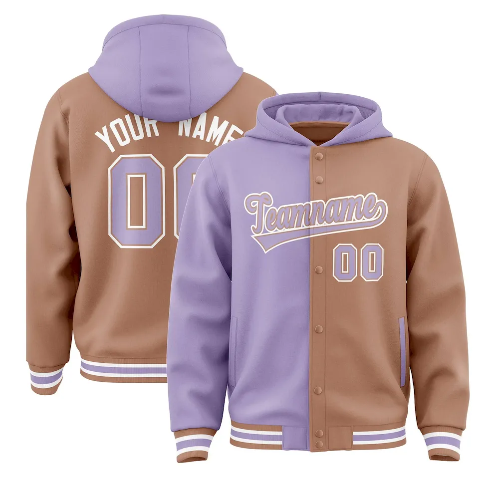 Custom Light Purple Light Brown Split Fashion Varsity Full-Snap Letterman Two Tone Jacket Hoodie
