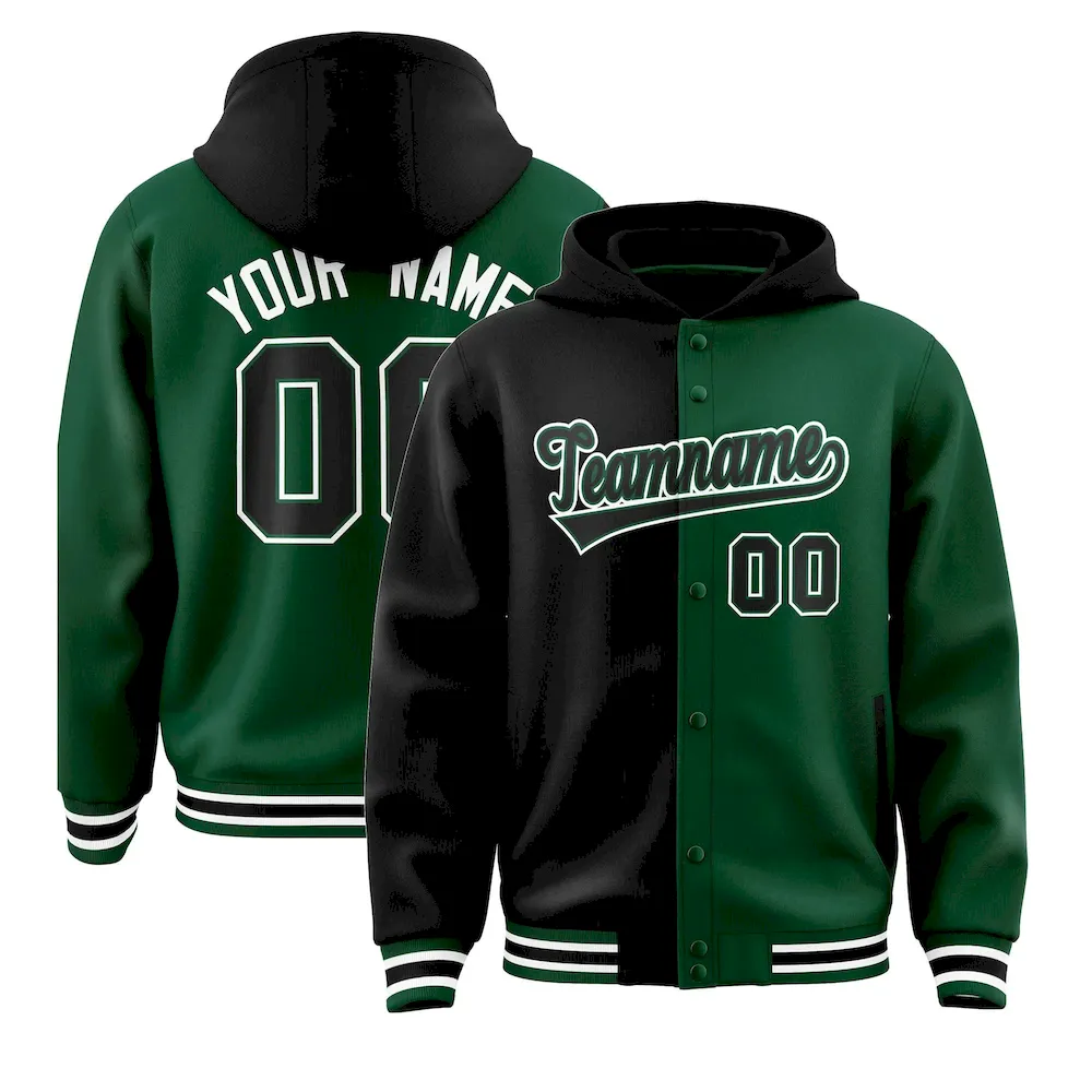 Custom Black Green Split Fashion Varsity Full-Snap Letterman Two Tone Jacket Hoodie