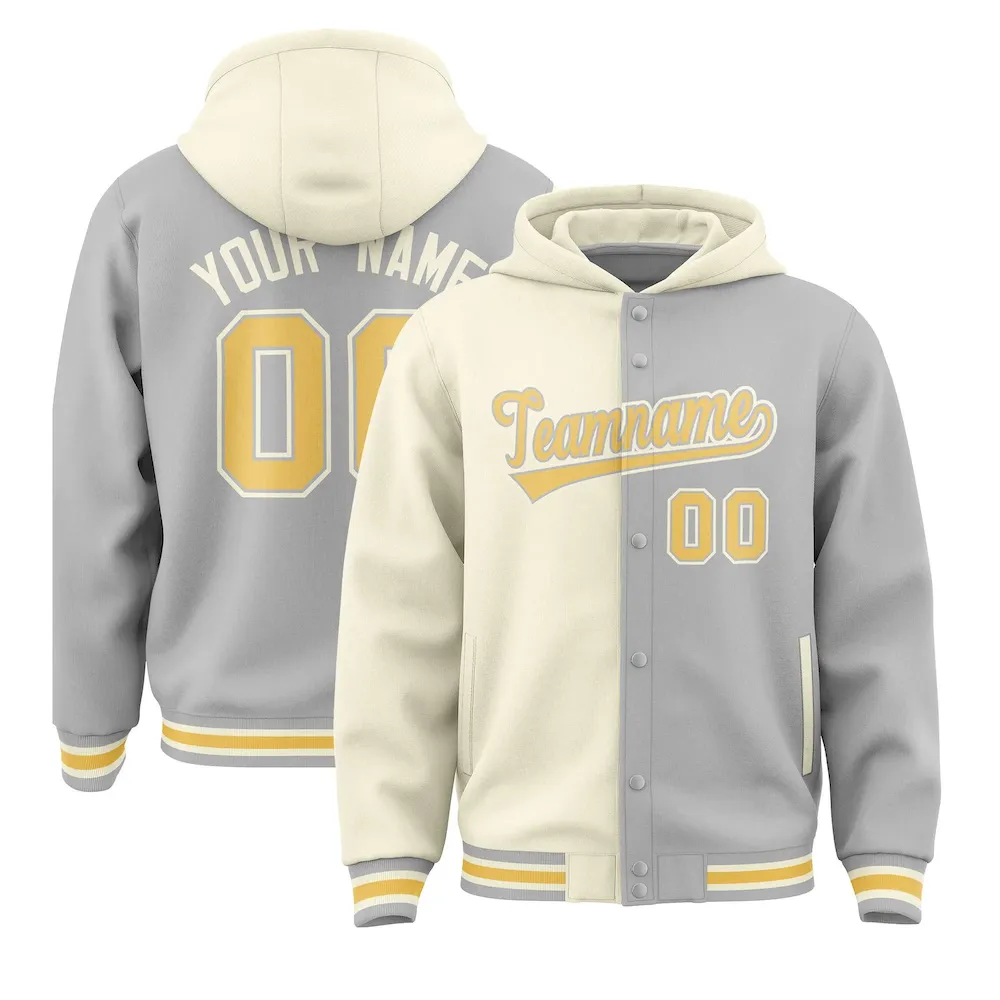 Custom Cream Gray Split Fashion Varsity Full-Snap Letterman Two Tone Jacket Hoodie