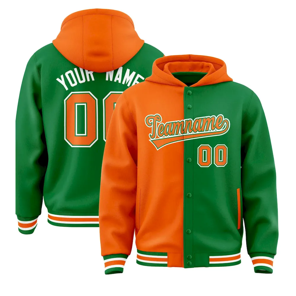 Custom Cream Green Split Fashion Varsity Full-Snap Letterman Two Tone Jacket Hoodie