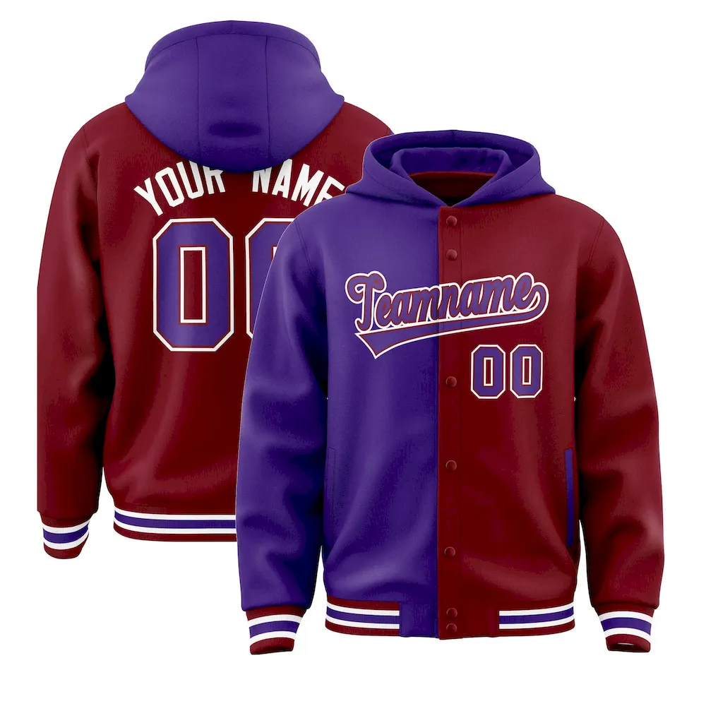 Custom Purple Crimson Split Fashion Varsity Full-Snap Letterman Two Tone Jacket Hoodie