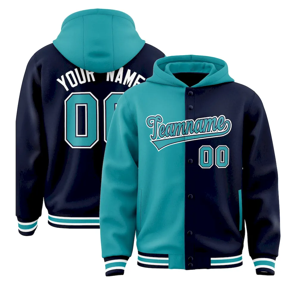 Custom Aqua Navy Split Fashion Varsity Full-Snap Letterman Two Tone Jacket Hoodie