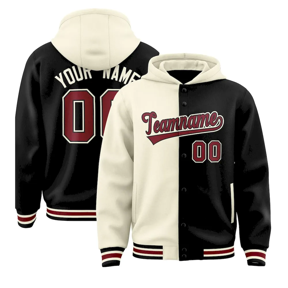 Custom Cream Black Split Fashion Varsity Full-Snap Letterman Two Tone Jacket Hoodie