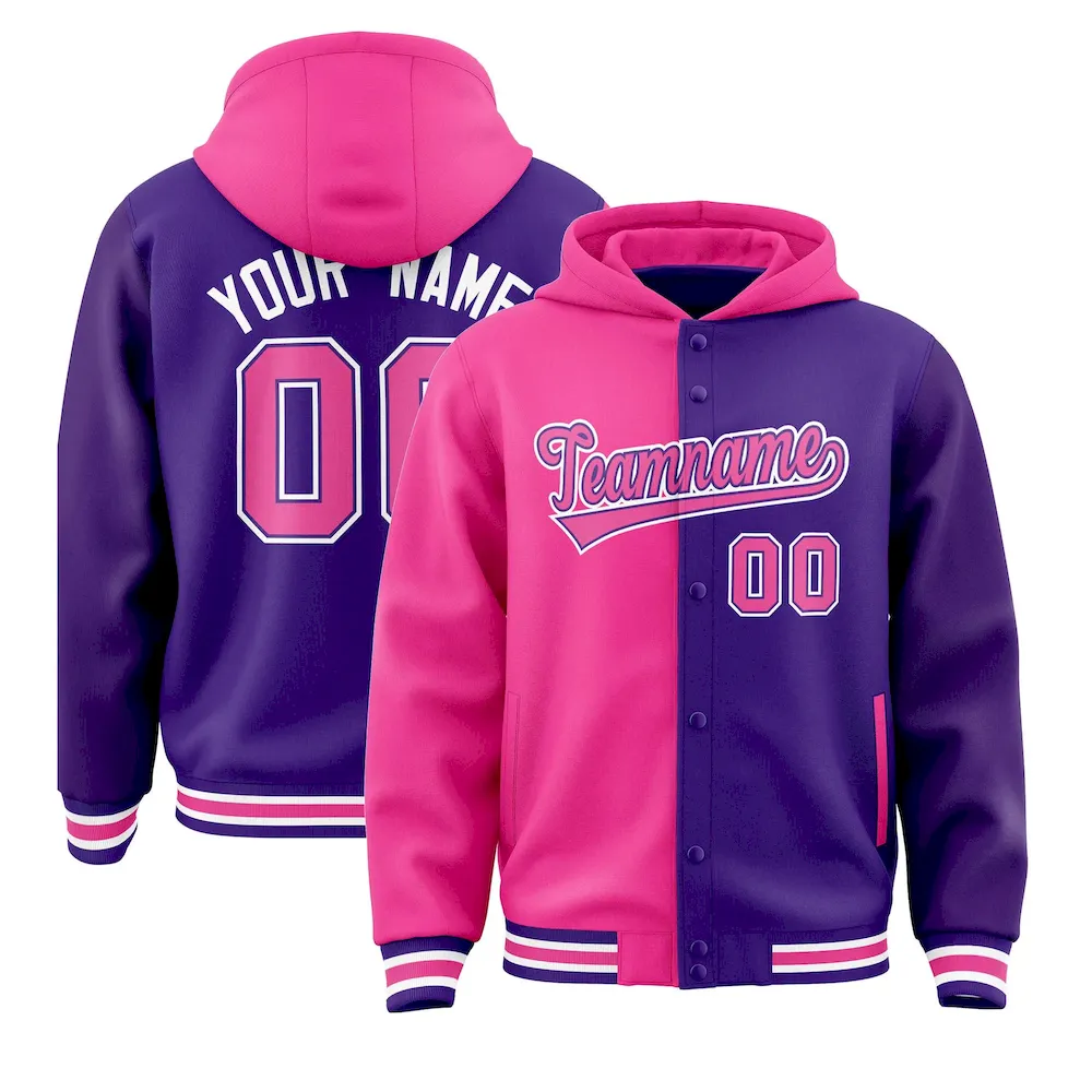 Custom Pink Purple Split Fashion Varsity Full-Snap Letterman Two Tone Jacket Hoodie