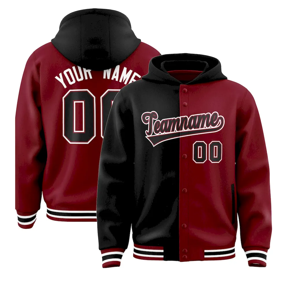 Custom Black Crimson Split Fashion Varsity Full-Snap Letterman Two Tone Jacket Hoodie