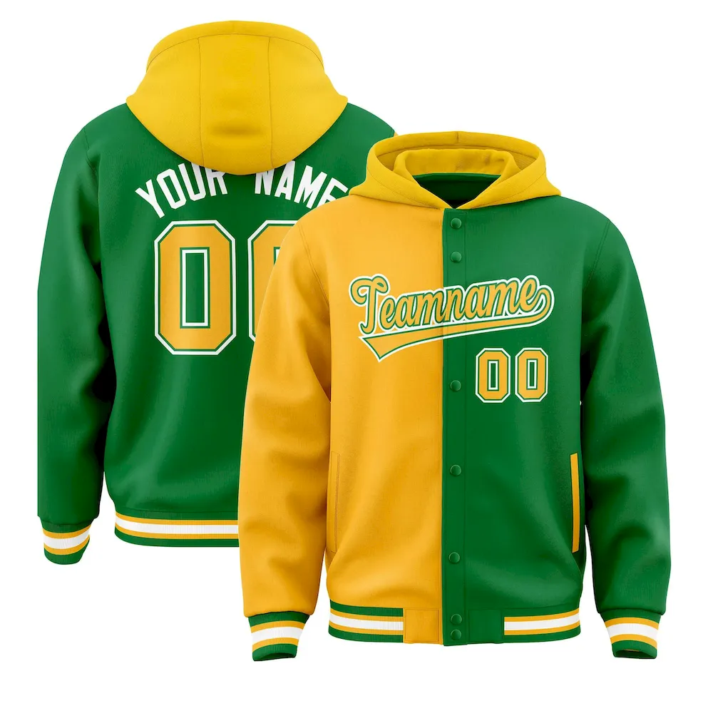 Custom Gold Kelly Green Split Fashion Varsity Full-Snap Letterman Two Tone Jacket Hoodie