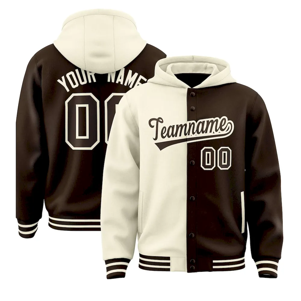 Custom Cream Brown Split Fashion Varsity Full-Snap Letterman Two Tone Jacket Hoodie
