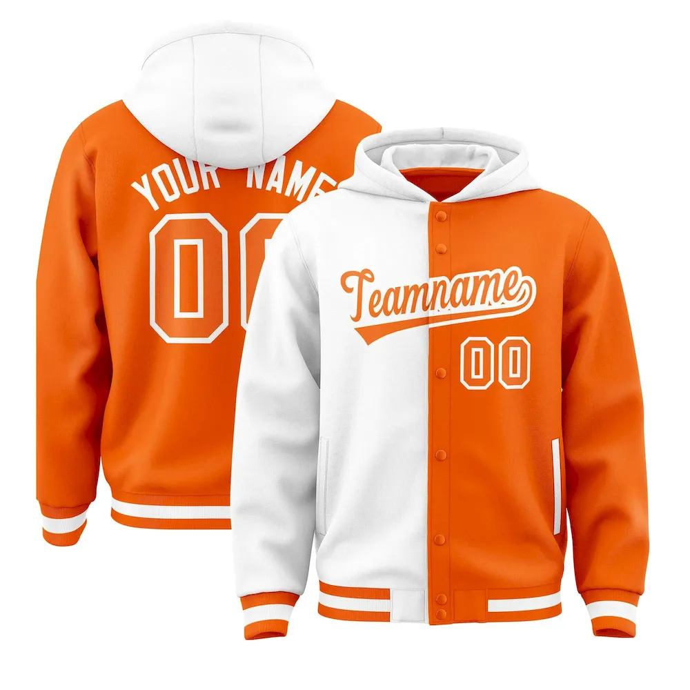 Custom White Orange Split Fashion Varsity Full-Snap Letterman Two Tone Jacket Hoodie