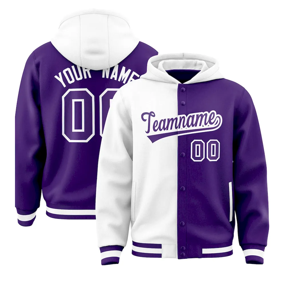 Custom White Purple Split Fashion Varsity Full-Snap Letterman Two Tone Jacket Hoodie