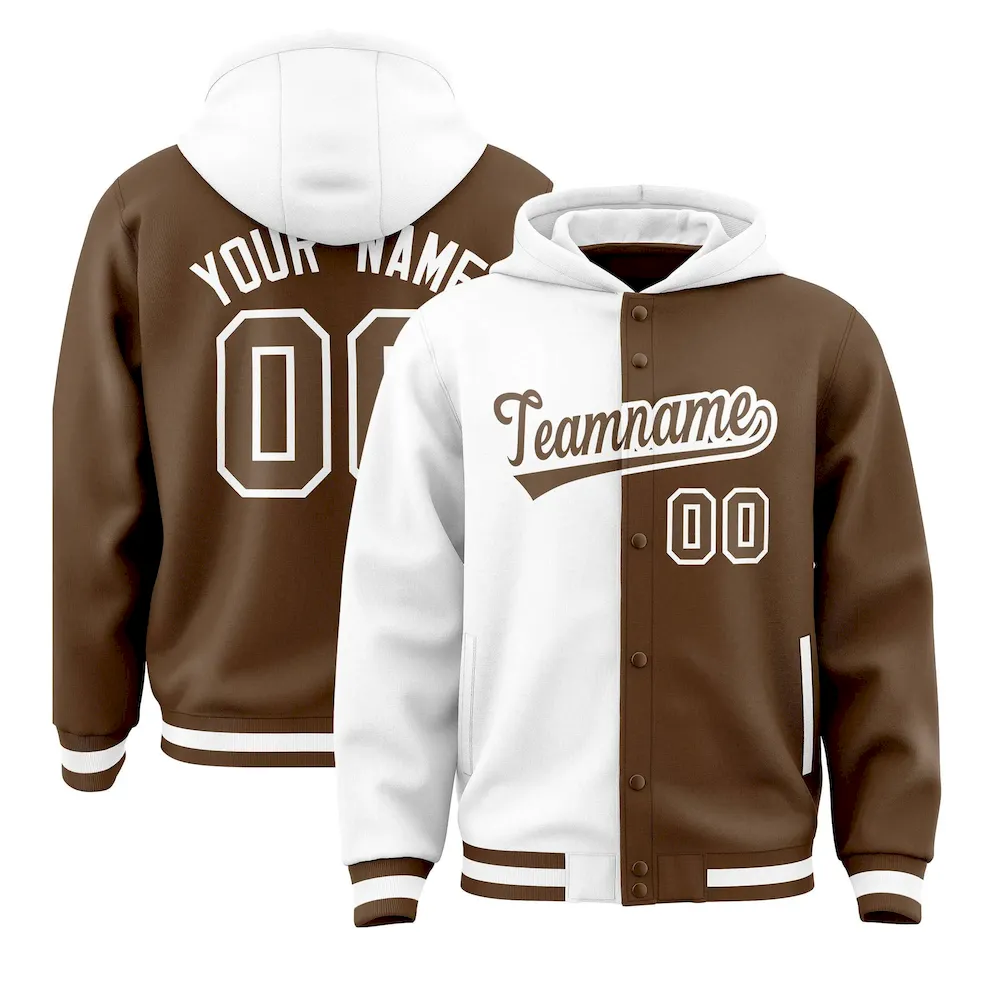 Custom White Light Brown Split Fashion Varsity Full-Snap Letterman Two Tone Jacket Hoodie
