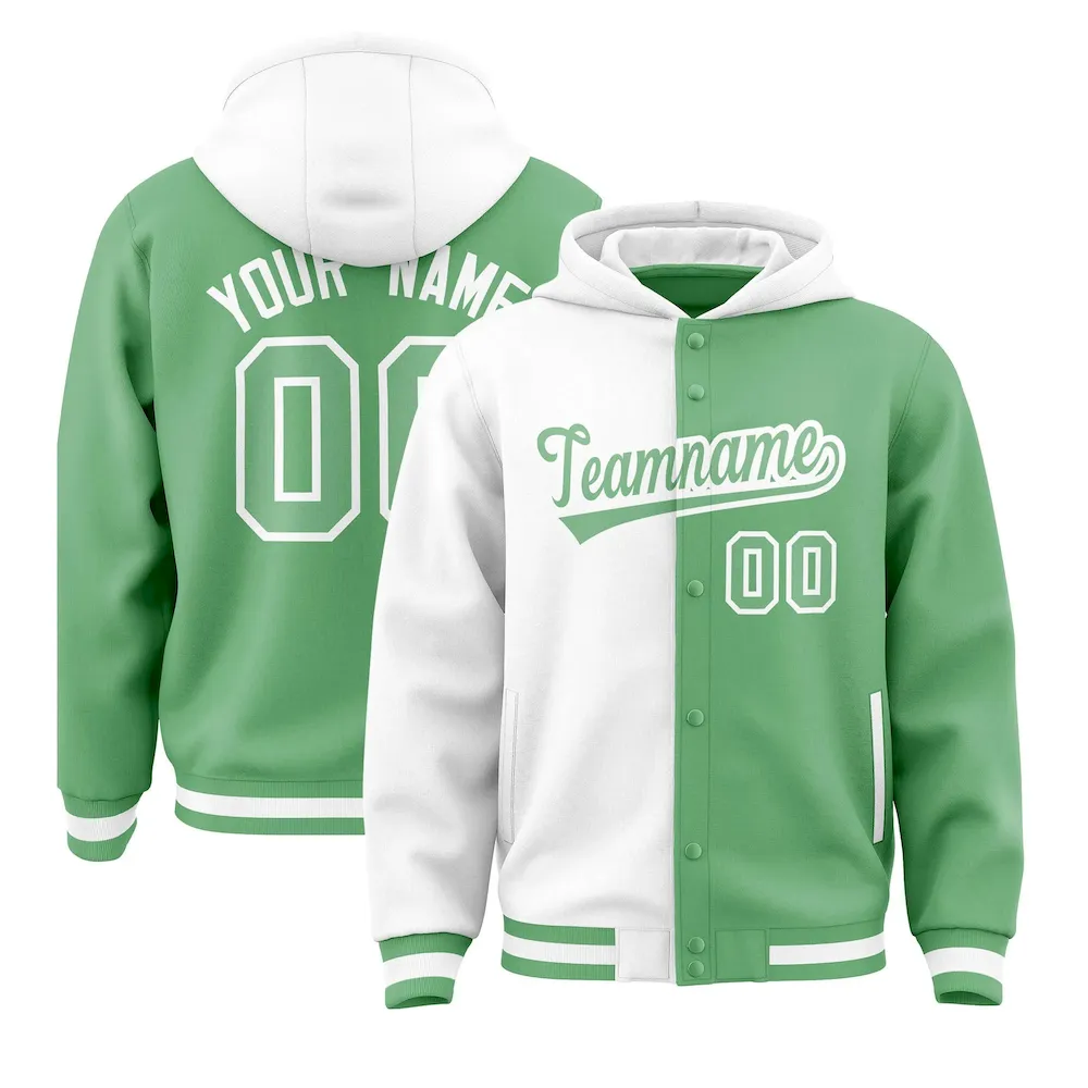 Custom White Green Split Fashion Varsity Full-Snap Letterman Two Tone Jacket Hoodie