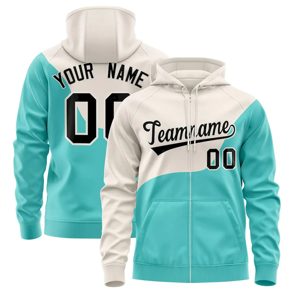 Custom Cream Bright Green Color Block Varsity Full-Zip Letterman Wave Jacket Hoodie