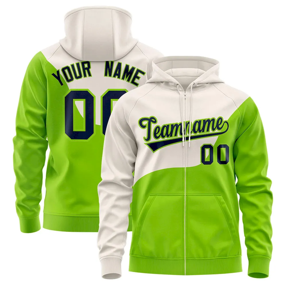 Custom Cream Neon Green Color Block Varsity Full-Zip Letterman Wave Jacket Hoodie