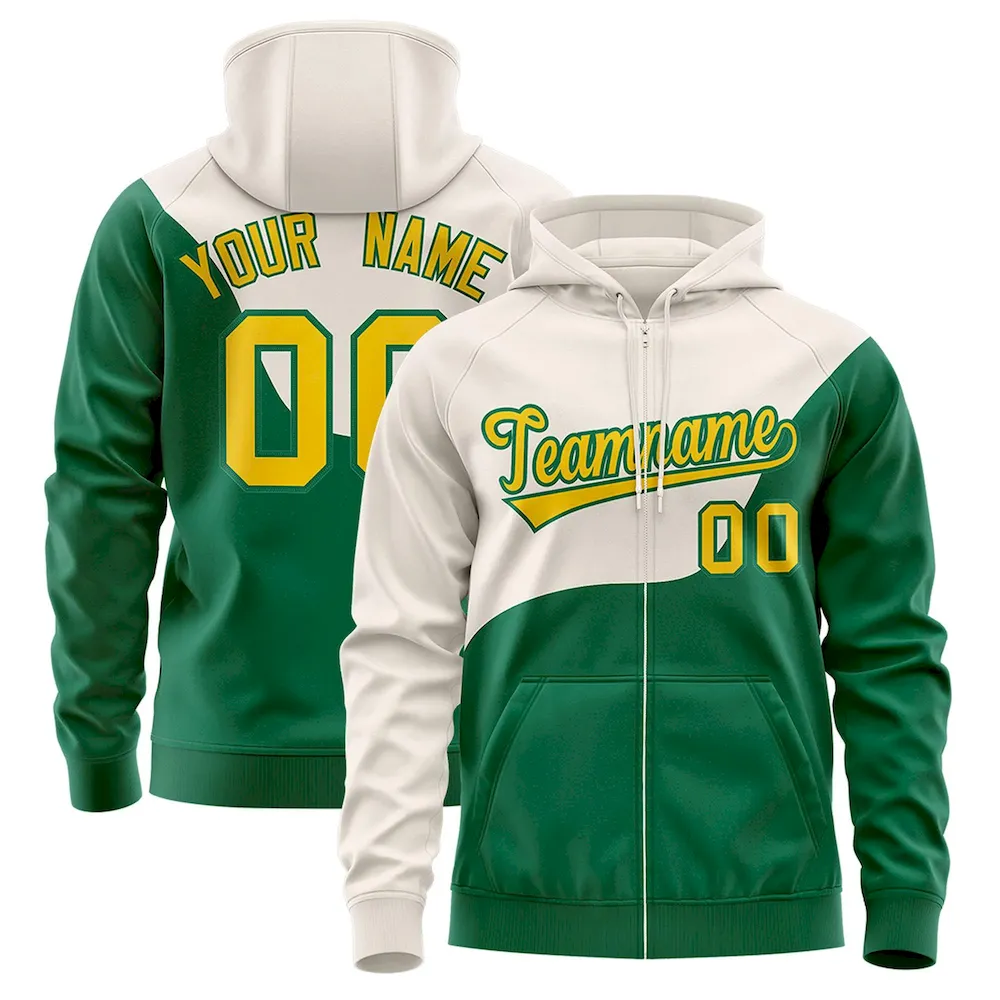 Custom Cream Kelly Green Color Block Varsity Full-Zip Letterman Wave Jacket Hoodie