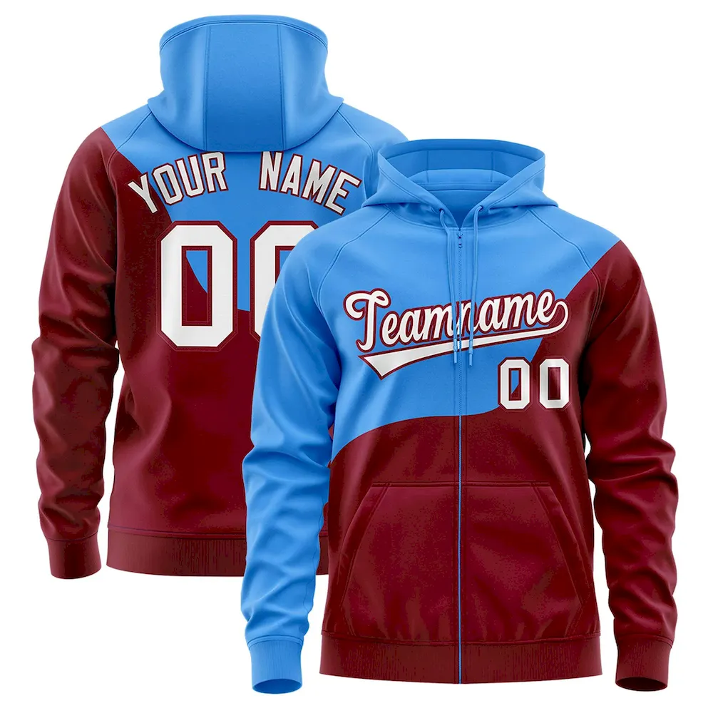 Custom Powder Blue Crimson Color Block Varsity Full-Zip Letterman Wave Jacket Hoodie