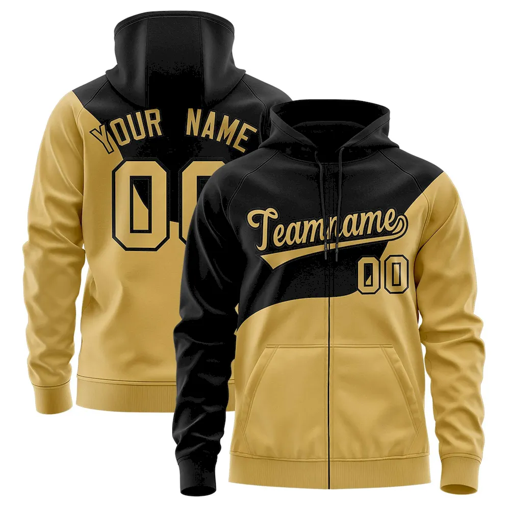 Custom Black Old Gold Color Block Varsity Full-Zip Letterman Wave Jacket Hoodie