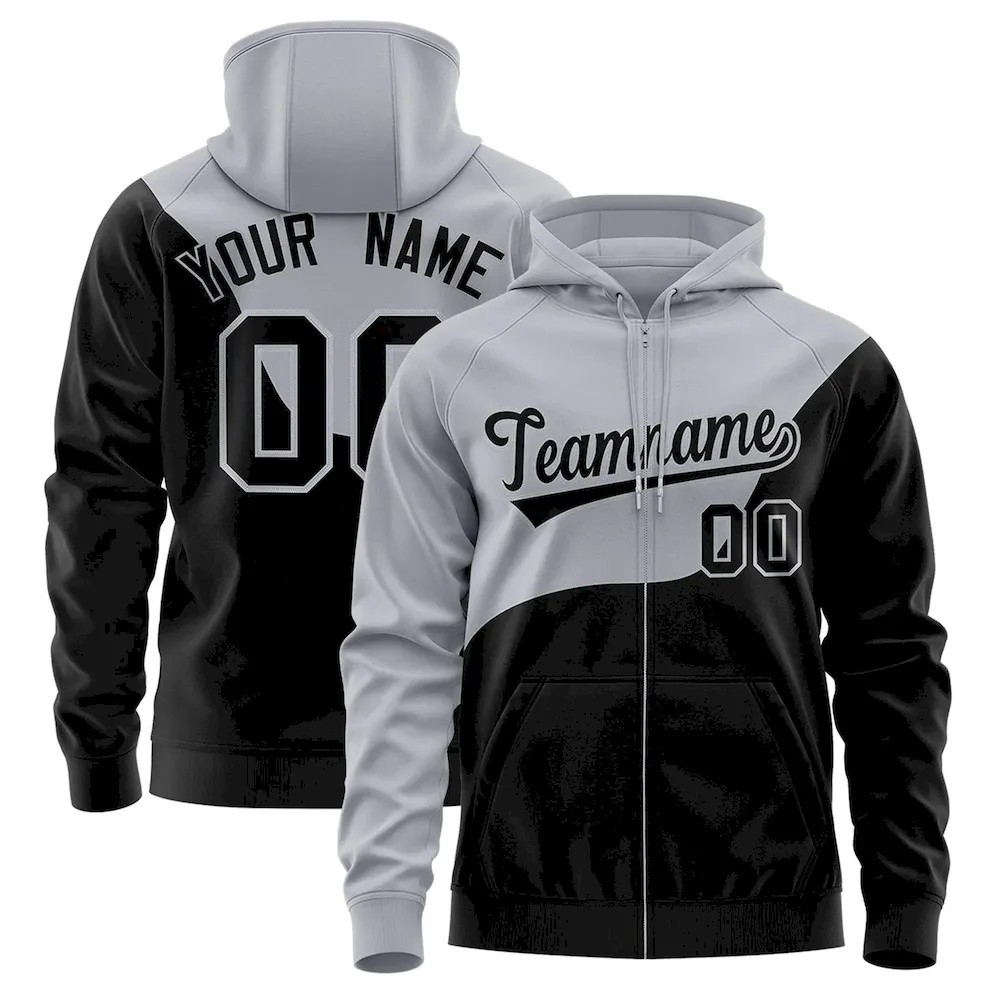 Custom Gray Black Color Block Varsity Full-Zip Letterman Wave Jacket Hoodie
