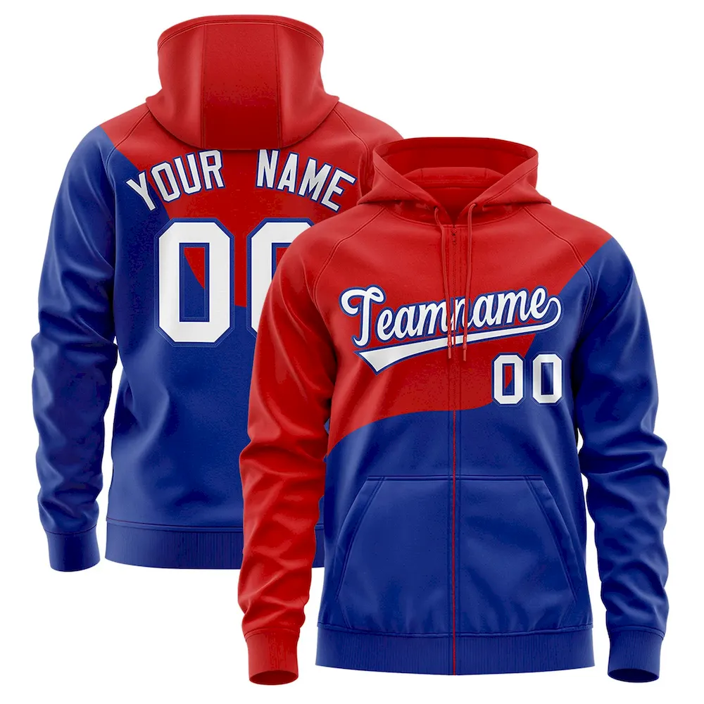 Custom Red Royal Color Block Varsity Full-Zip Letterman Wave Jacket Hoodie
