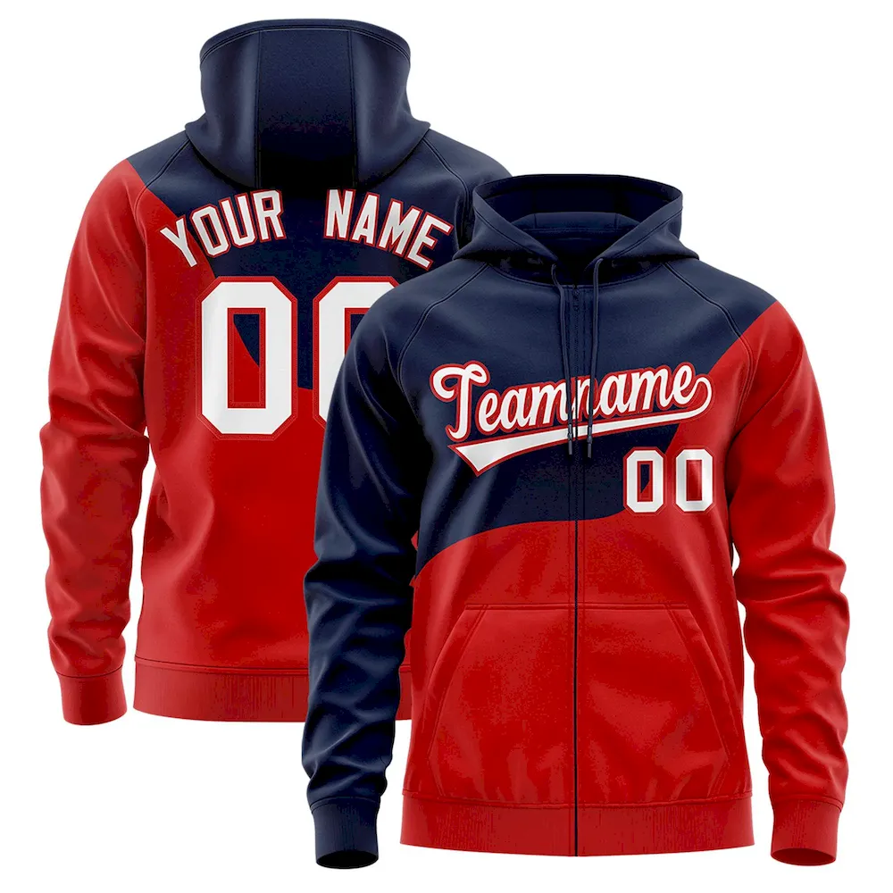 Custom Navy Red Color Block Varsity Full-Zip Letterman Wave Jacket Hoodie