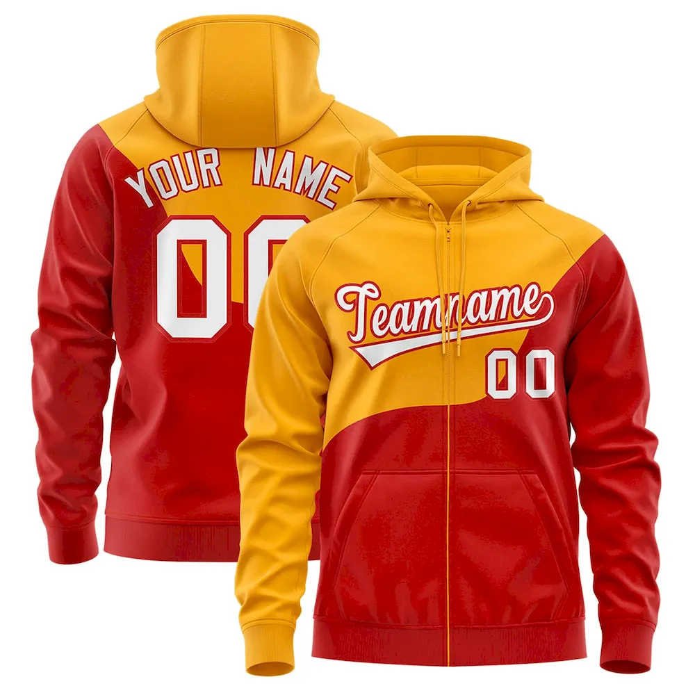 Custom Yellow Red Color Block Varsity Full-Zip Letterman Wave Jacket Hoodie