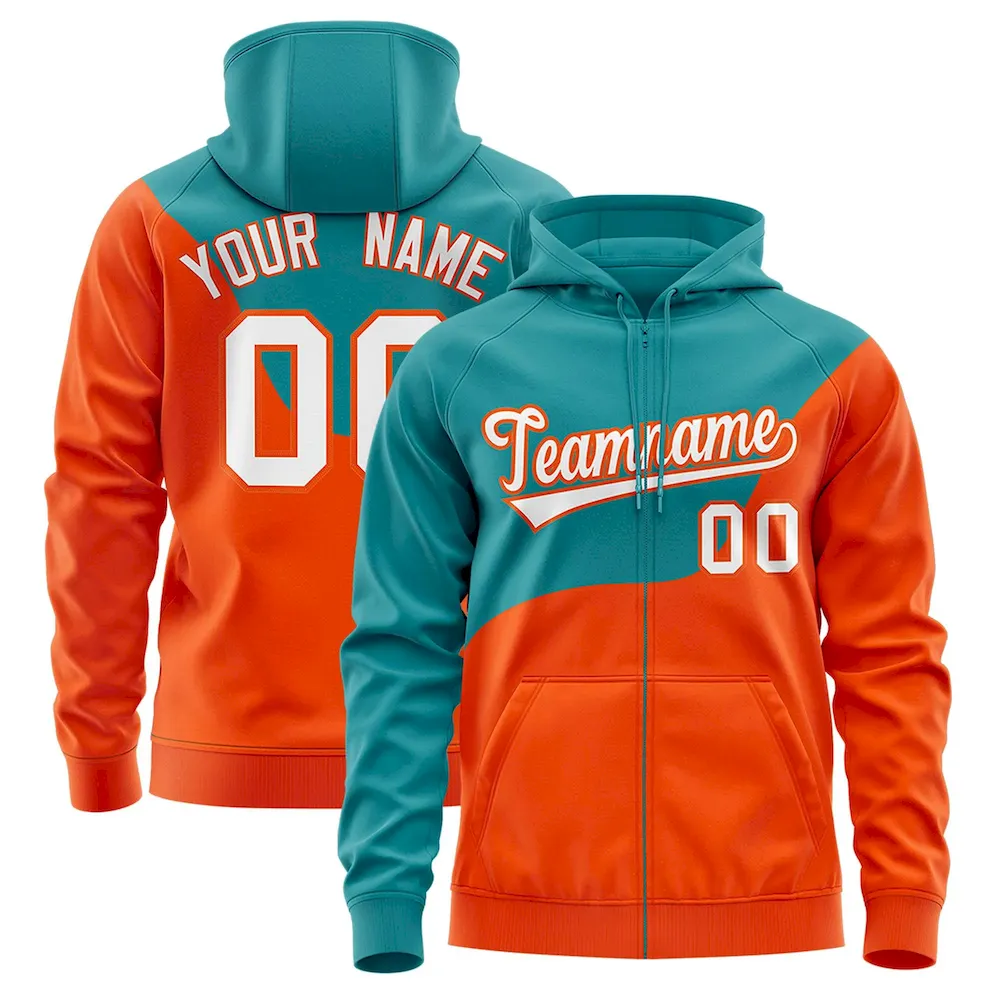 Custom Aqua Orange Color Block Varsity Full-Zip Letterman Wave Jacket Hoodie