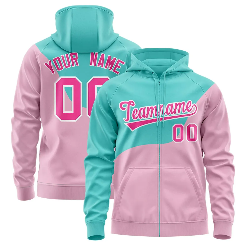 Custom Bright Green Light Pink Color Block Varsity Full-Zip Letterman Wave Jacket Hoodie