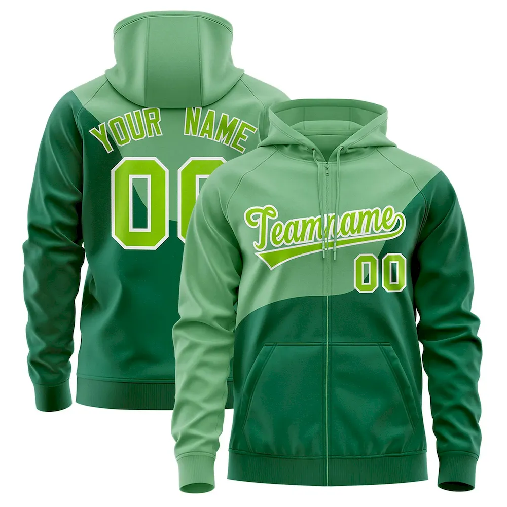 Custom Green Kelly Green Color Block Varsity Full-Zip Letterman Wave Jacket Hoodie