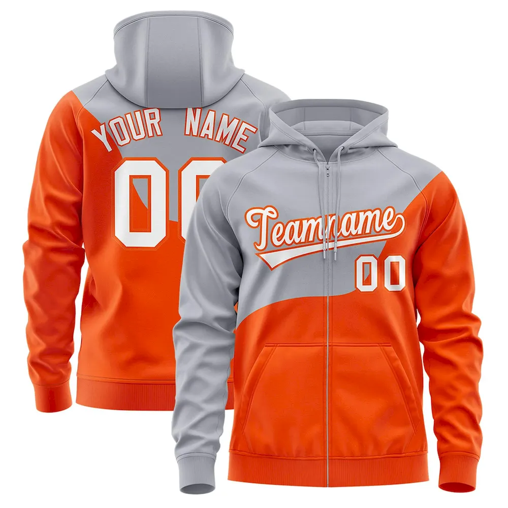 Custom Gray Navy Color Block Varsity Full-Zip Letterman Wave Jacket Hoodie