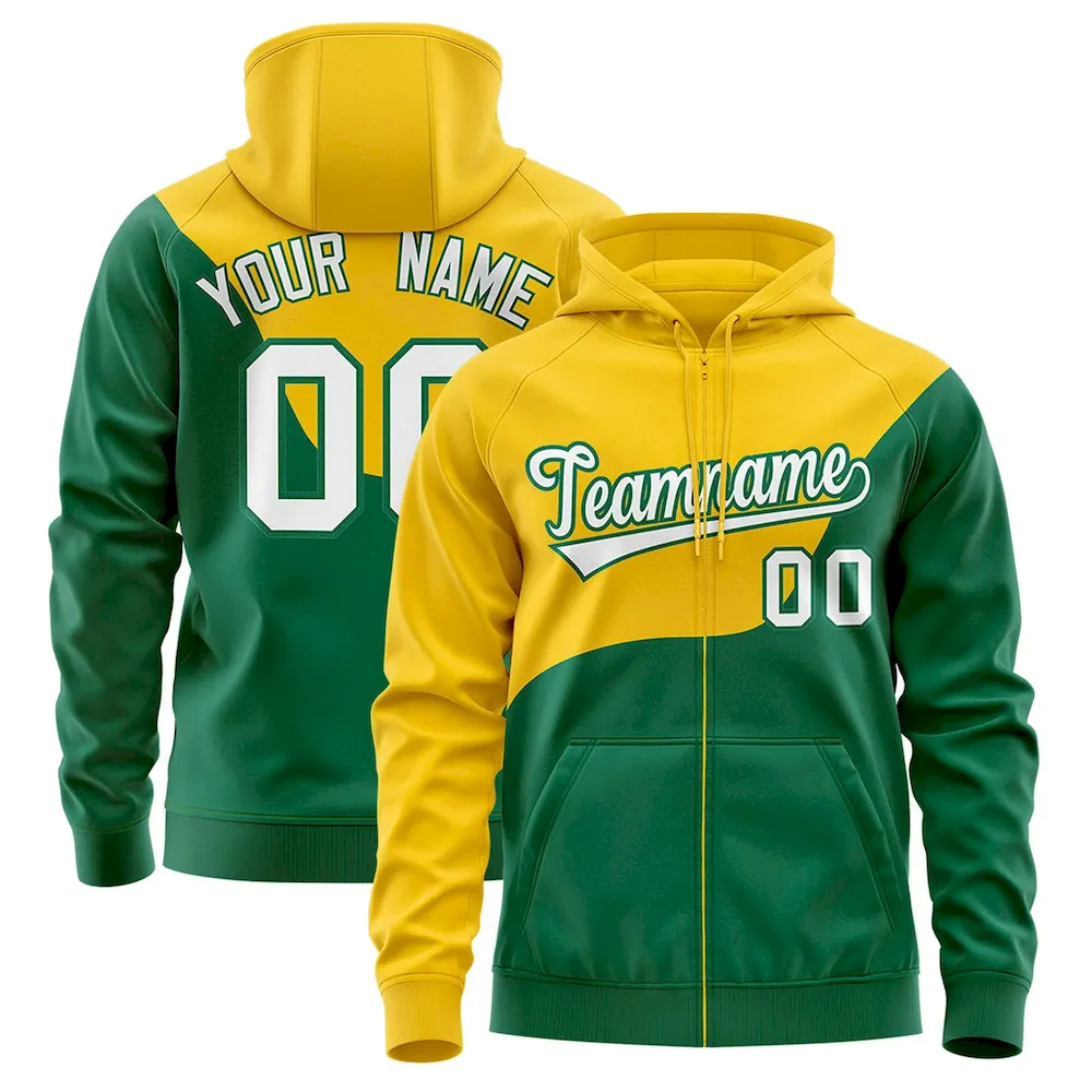Custom Gold Kelly Green Color Block Varsity Full-Zip Letterman Wave Jacket Hoodie