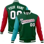 Custom Green Red-Aqua Raglan Sleeves Varsity Full-Snap Letterman Jacket
