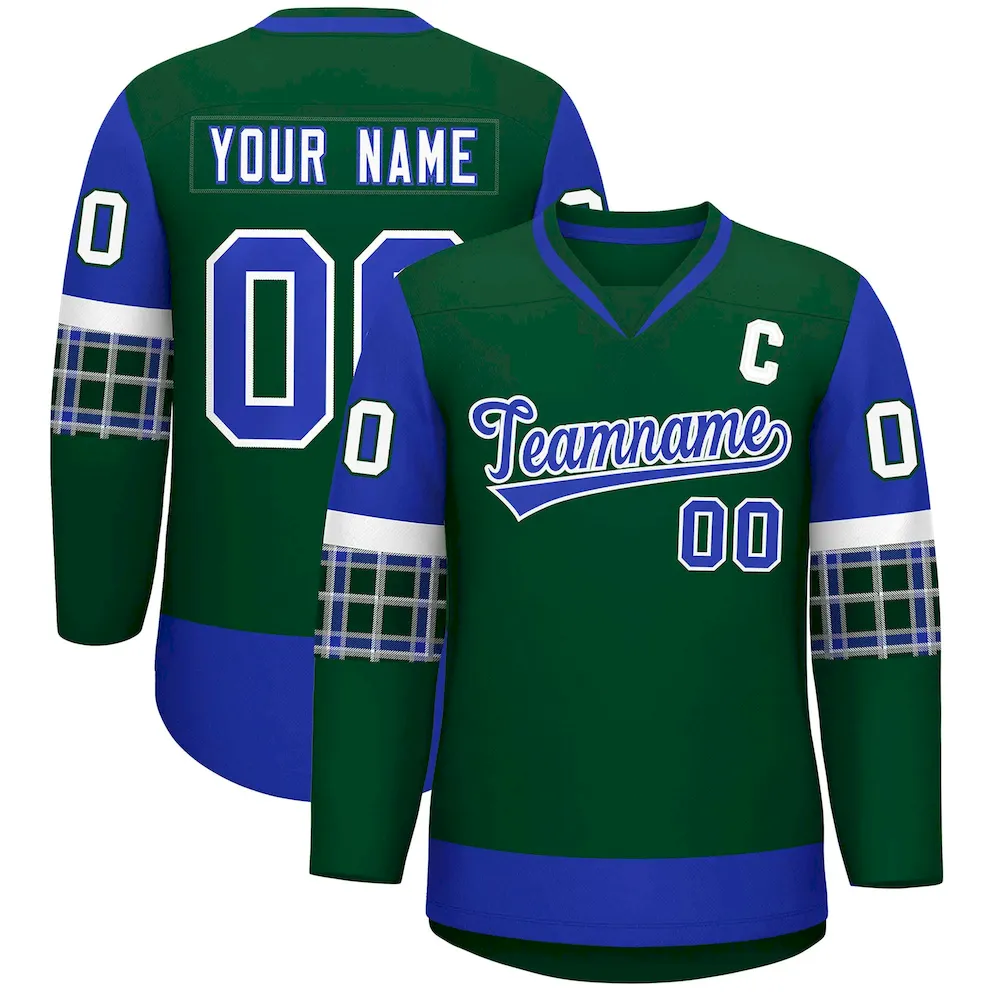 Custom Green Royal-White Personalized Raglan Sleeves V-Neck Hockey Jersey