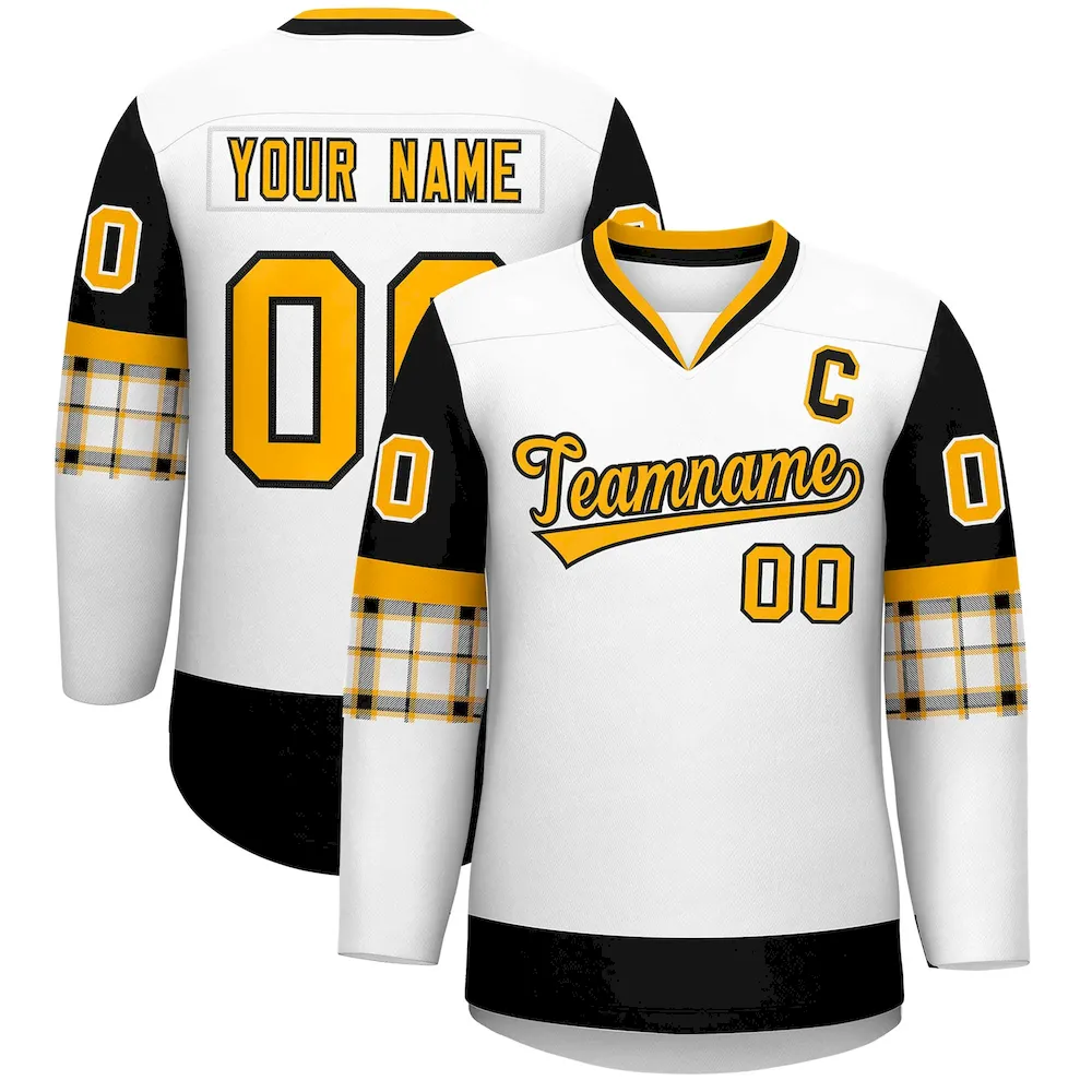 Custom White Black-Yellow Personalized Raglan Sleeves V-Neck Hockey Jersey