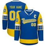 Custom Royal Gold-White Personalized Raglan Sleeves V-Neck Hockey Jersey