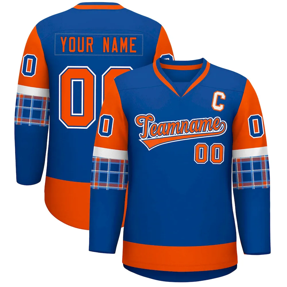 Custom Royal Orange-White Personalized Raglan Sleeves V-Neck Hockey Jersey