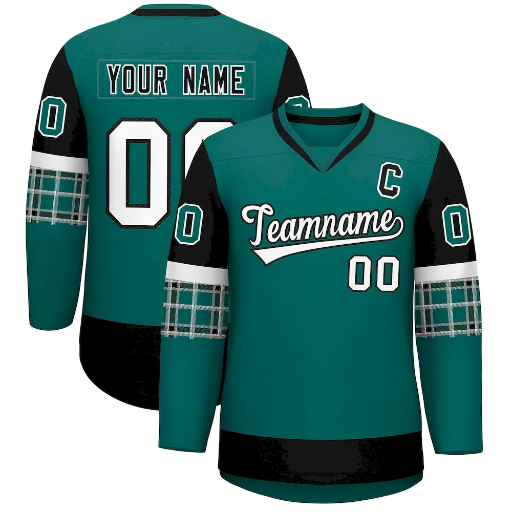 Custom Aqua Black-White Personalized Raglan Sleeves V-Neck Hockey Jersey